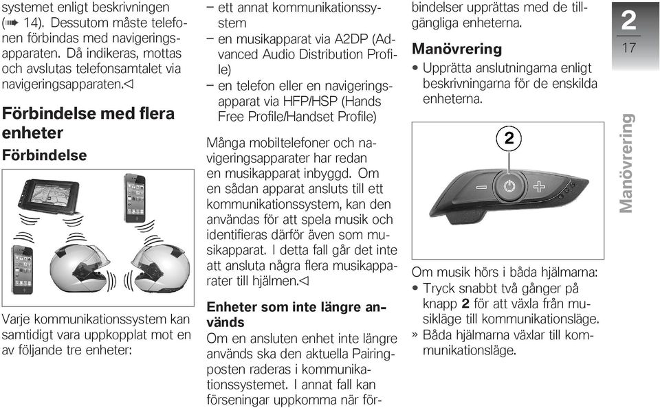 Audio Distribution Profile) en telefon eller en navigeringsapparat via HFP/HSP (Hands Free Profile/Handset Profile) Många mobiltelefoner och navigeringsapparater har redan en musikapparat inbyggd.