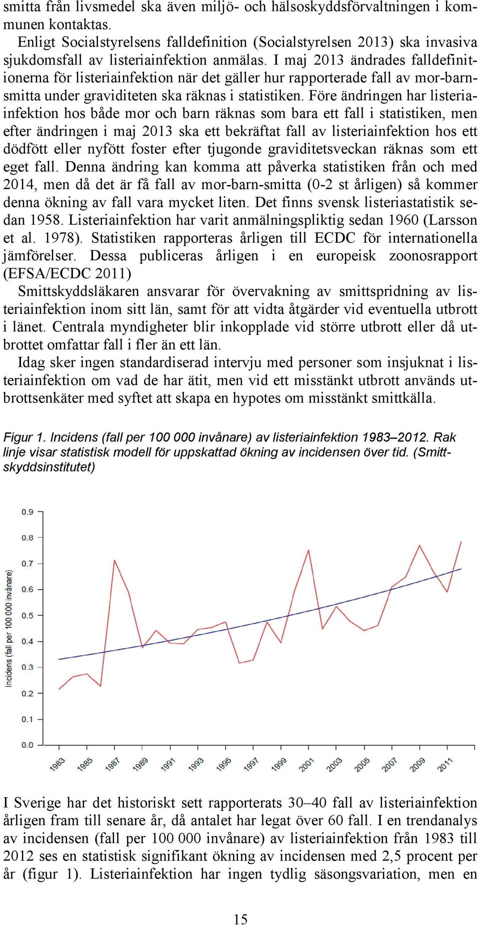 I maj 2013 ändrades falldefinitionerna för listeriainfektion när det gäller hur rapporterade fall av mor-barnsmitta under graviditeten ska räknas i statistiken.