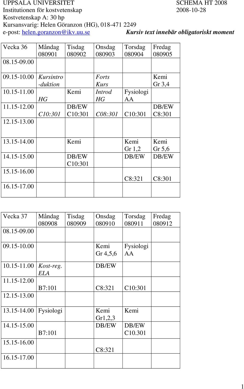 00 Kemi Forts Kurs Introd Fysiologi C08:301 Kemi Gr 3,4 C8:301 13.15-14.