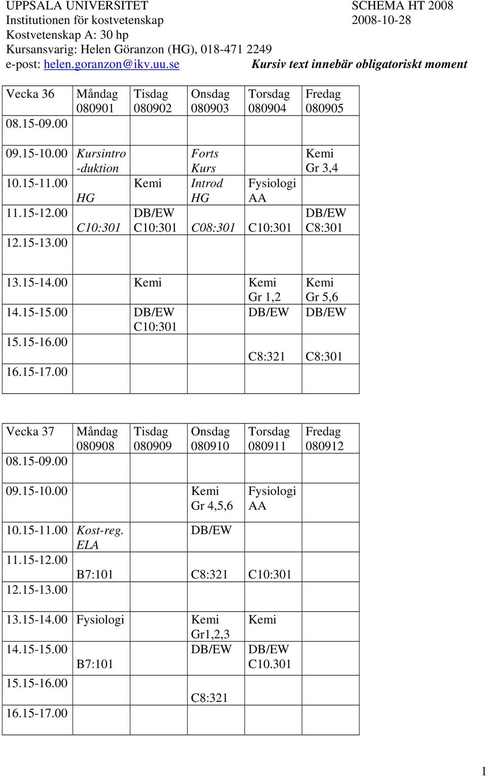 00 Kemi Forts Kurs Introd Fysiologi C08:301 Kemi Gr 3,4 C8:301 13.15-14.