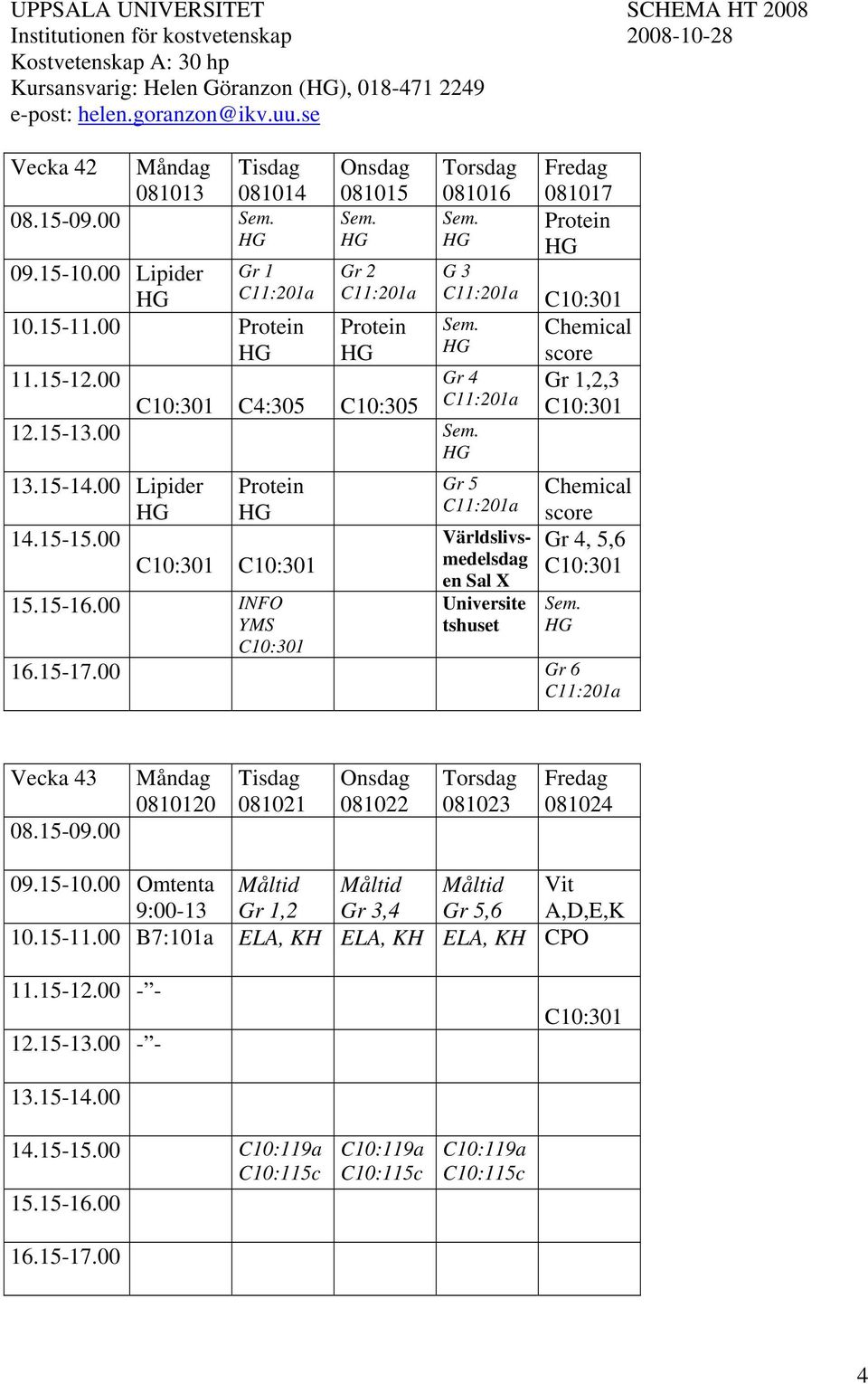 081017 Protein G 3 Chemical Gr 4 Gr 5 Världslivsmedelsdag en Sal X Universite tshuset score Gr 1,2,3 Chemical score Gr 4, 5,6 Sem.