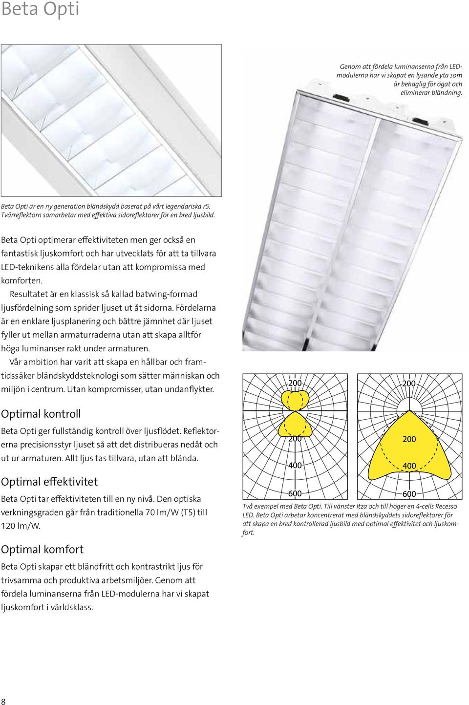 Beta Opti optimerar effektiviteten men ger också en fantastisk ljuskomfort och har utvecklats för att ta tillvara LED-teknikens alla fördelar utan att kompromissa med komforten.