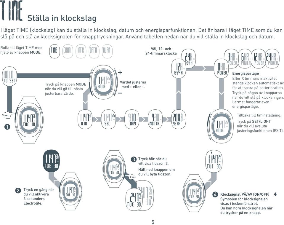 Välj 12- och 24-timmarsklocka Tryck på knappen MODE när du vill gå till nästa justerbara värde. Värdet justeras med + eller -.