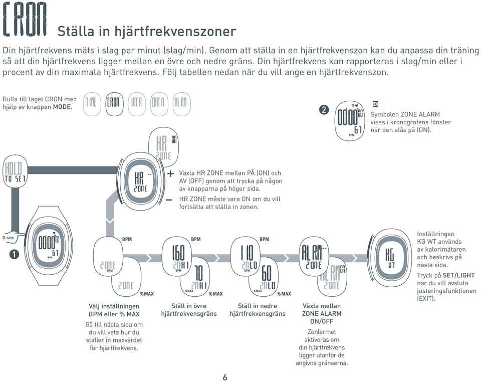 Din hjärtfrekvens kan rapporteras i slag/min eller i procent av din maximala hjärtfrekvens. Följ tabellen nedan när du vill ange en hjärtfrekvenszon. Rulla till läget CRON med hjälp av knappen MODE.