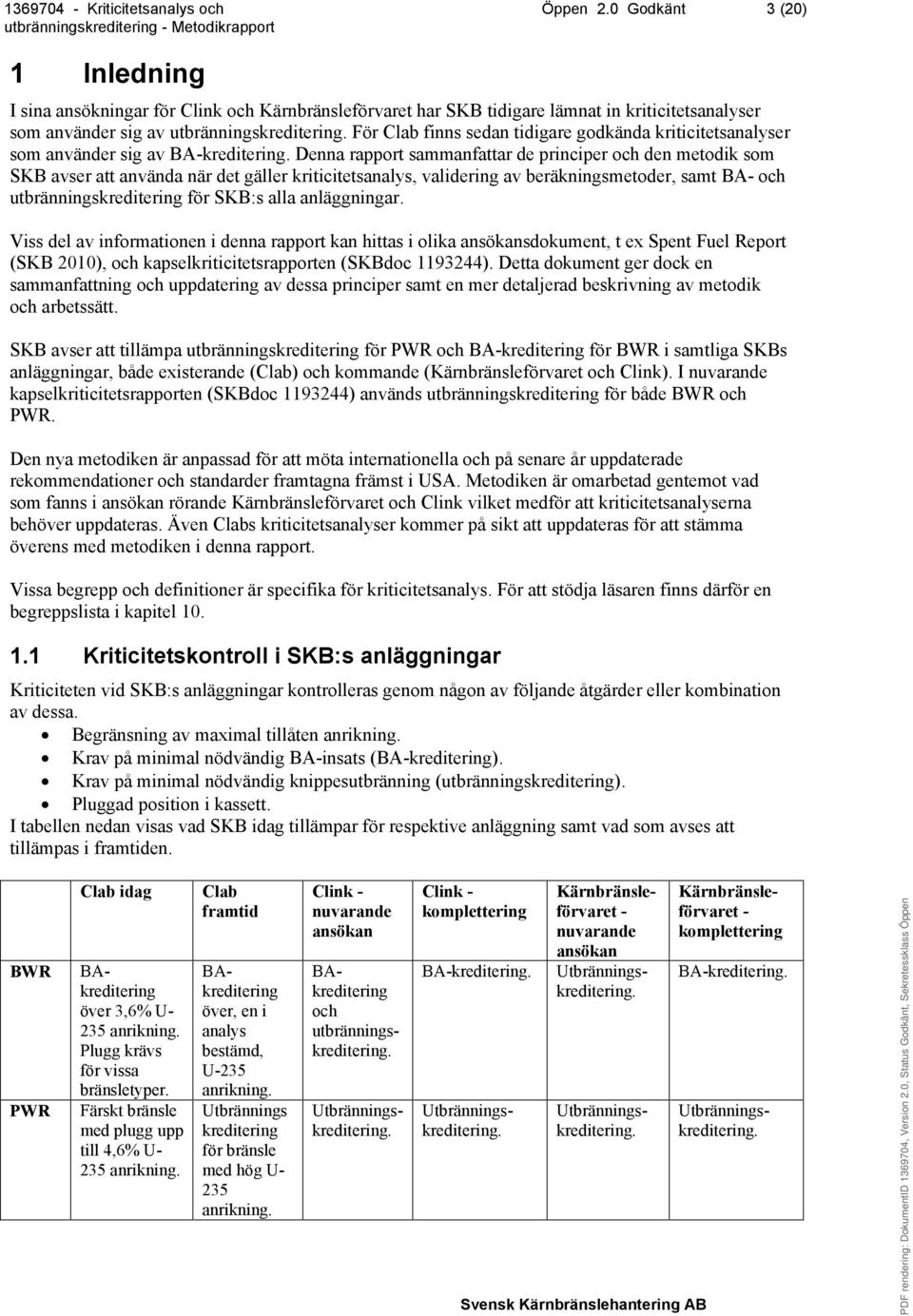 Denna rapport sammanfattar de principer och den metodik som SKB avser att använda när det gäller kriticitetsanalys, validering av beräkningsmetoder, samt BA- och utbränningskreditering för SKB:s alla