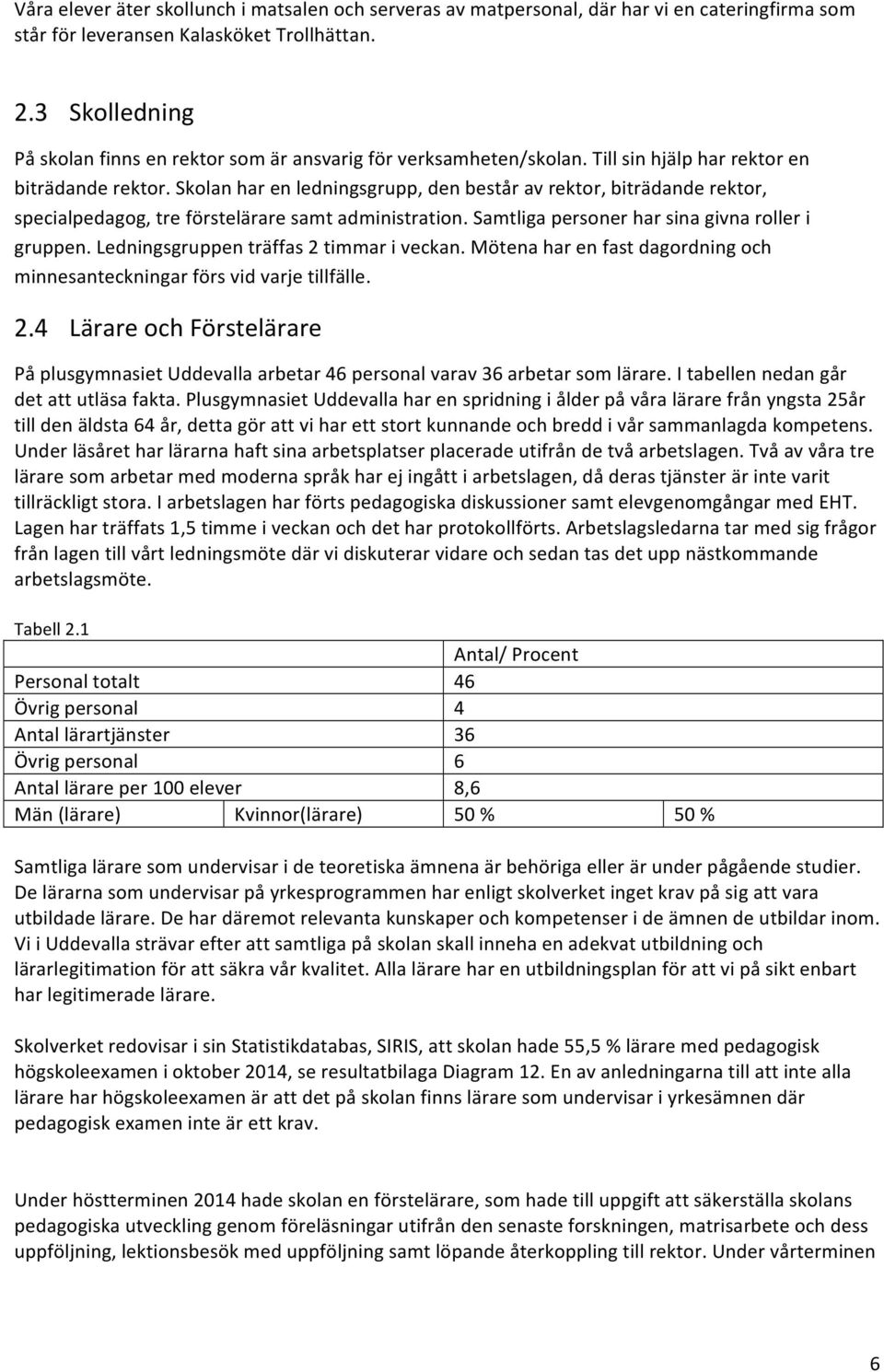 Skolan har en ledningsgrupp, den består av rektor, biträdande rektor, specialpedagog, tre förstelärare samt administration. Samtliga personer har sina givna roller i gruppen.