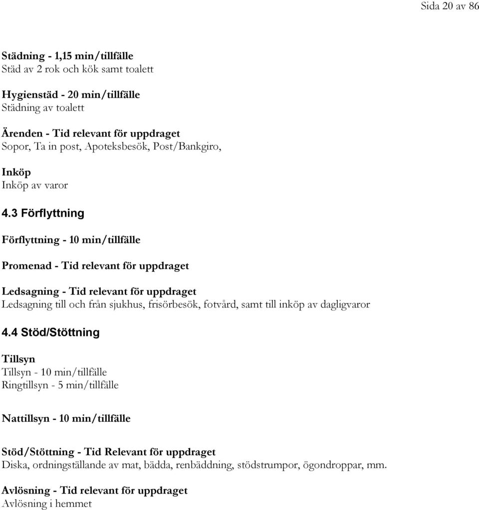 3 Förflyttning Förflyttning - 10 min/tillfälle Promenad - Tid relevant för uppdraget Ledsagning - Tid relevant för uppdraget Ledsagning till och från sjukhus, frisörbesök, fotvård, samt