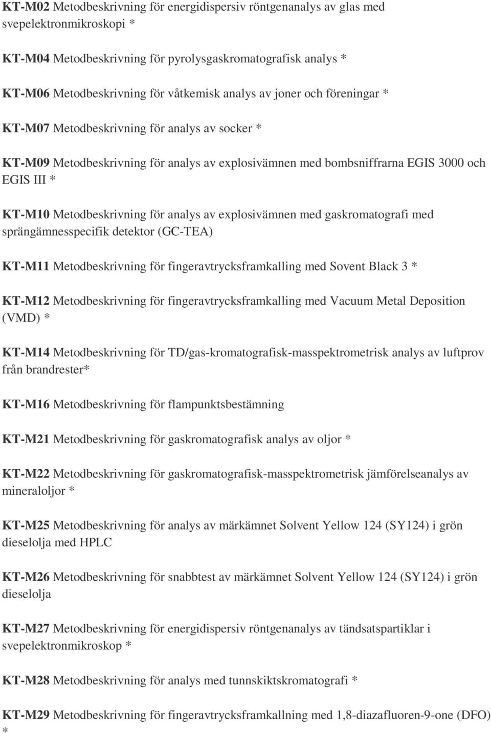 av explosivämnen med gaskromatografi med sprängämnesspecifik detektor (GC-TEA) KT-M11 Metodbeskrivning för fingeravtrycksframkalling med Sovent Black 3 KT-M12 Metodbeskrivning för