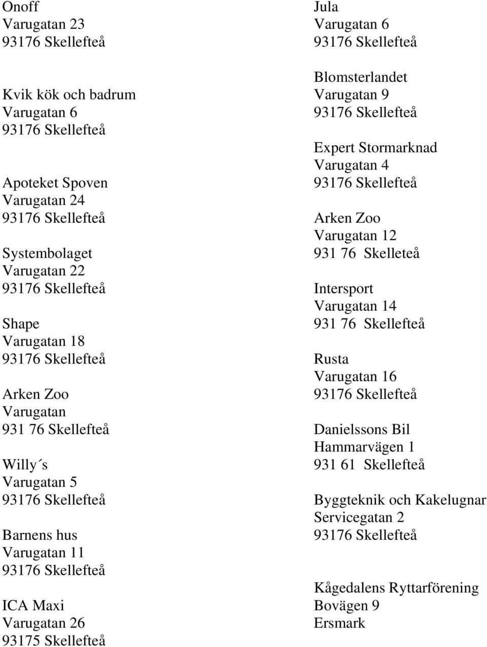 Blomsterlandet Varugatan 9 Expert Stormarknad Varugatan 4 Arken Zoo Varugatan 12 931 76 Skelleteå Intersport Varugatan 14 931 76