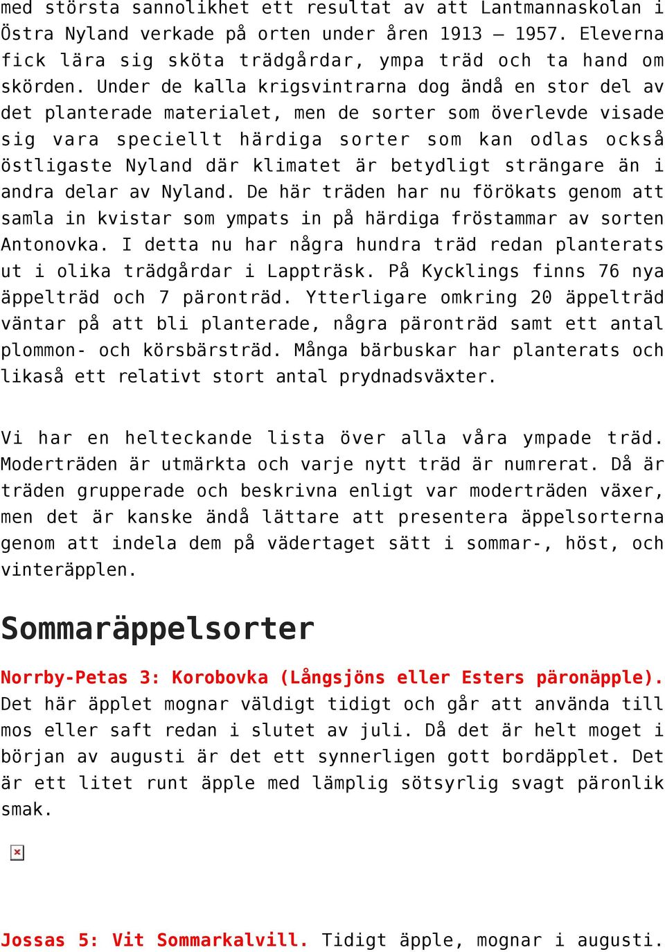 klimatet är betydligt strängare än i andra delar av Nyland. De här träden har nu förökats genom att samla in kvistar som ympats in på härdiga fröstammar av sorten Antonovka.