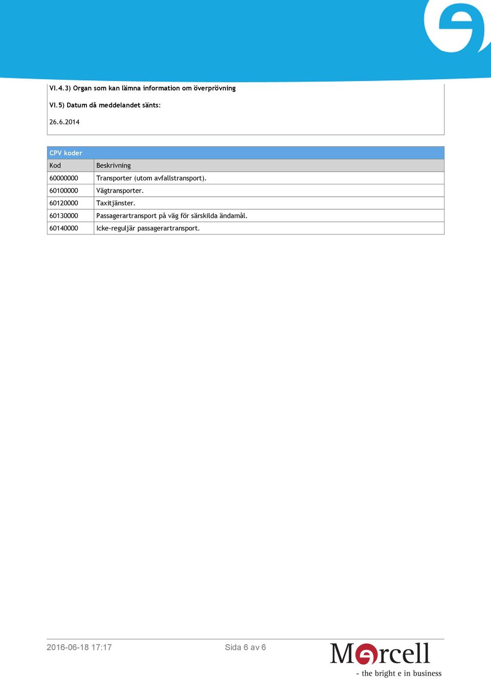 6.2014 CPV koder Kod Beskrivning 60000000 Transporter (utom avfallstransport).