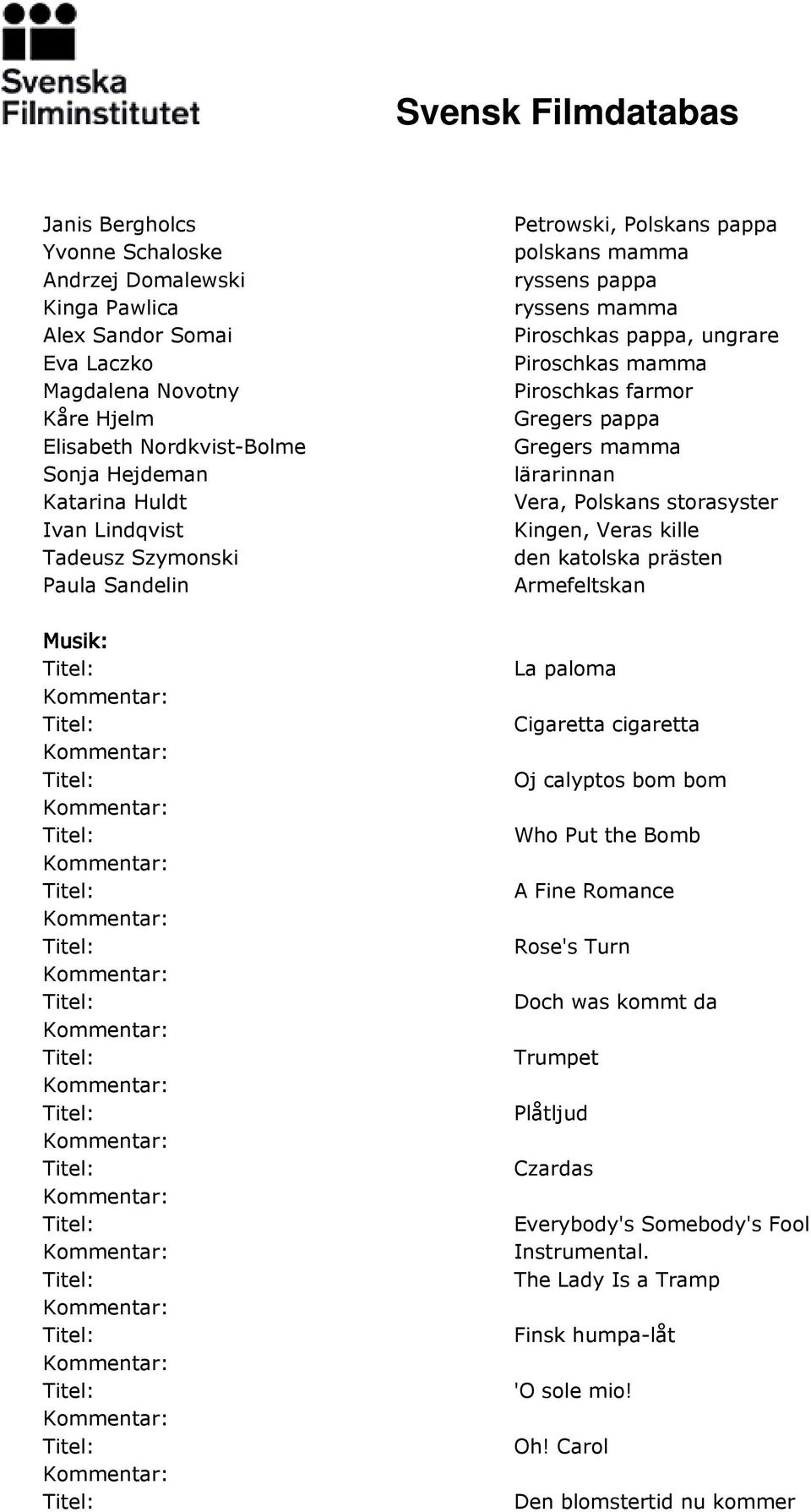 Gregers pappa Gregers mamma lärarinnan Vera, Polskans storasyster Kingen, Veras kille den katolska prästen Armefeltskan La paloma Cigaretta cigaretta Oj calyptos bom bom Who Put the Bomb