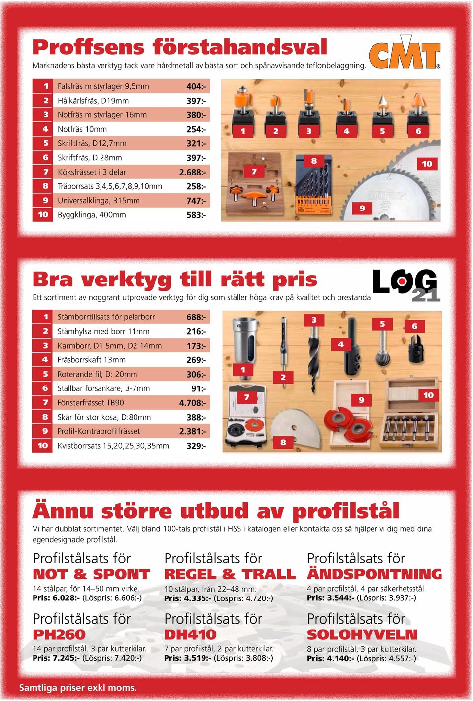 688:- 8 Träborrsats 3,4,5,6,7,8,9,10mm 258:- 9 Universalklinga, 315mm 747:- 10 Byggklinga, 400mm 583:- 1 2 3 4 5 6 8 7 9 21 10 21 Bra verktyg till rätt pris Ett sortiment av noggrant utprovade