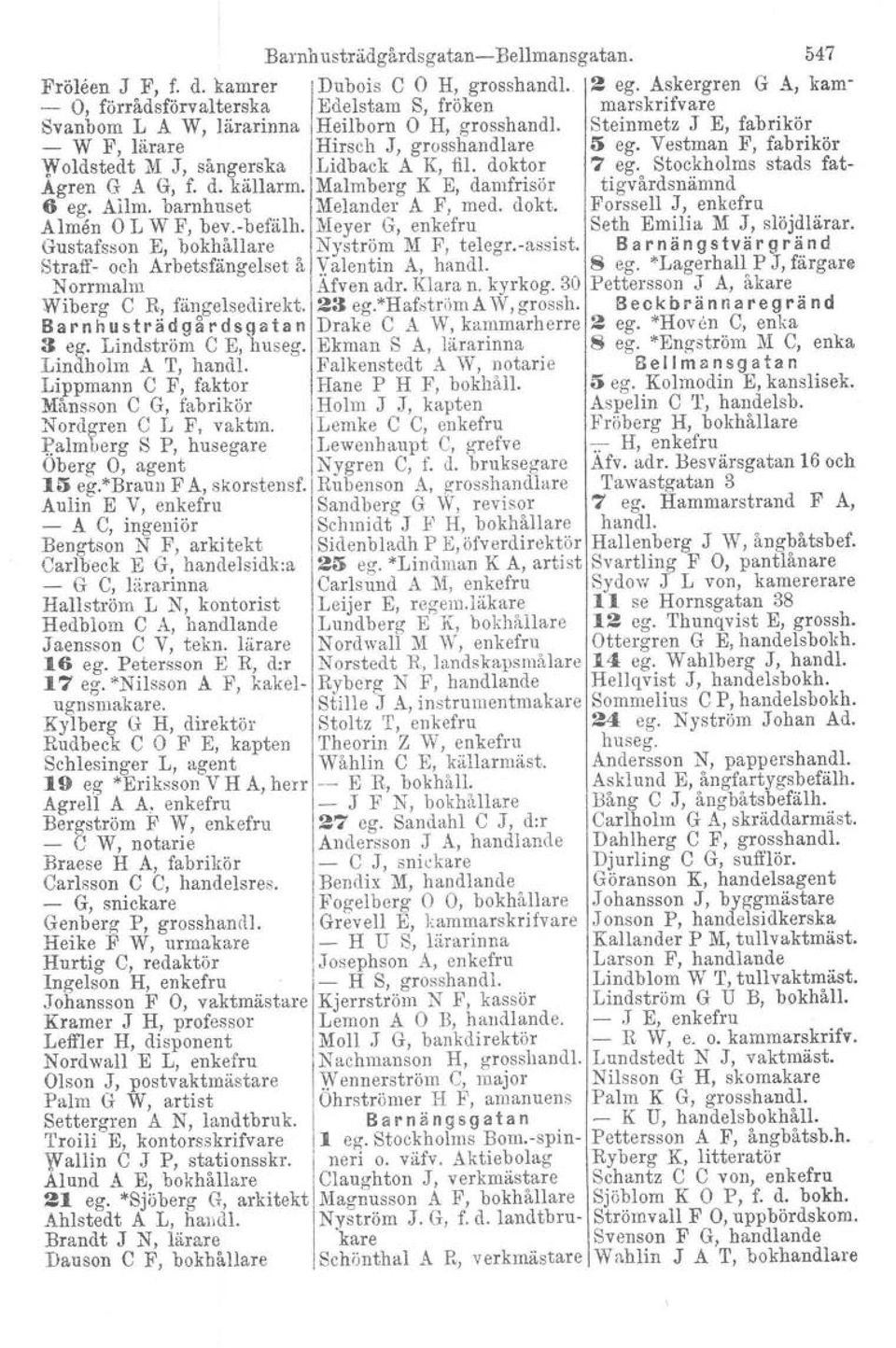 Steinmetz J E, fabrikör - W F, lärare Hirseli J, grosshandlare l') ego Vestman F, fabrikör Woldstedt M J, sångerska Lidback A K, fil. doktor 7 ego Stockholms stads fat- Agren G A G, f. d. källarm.