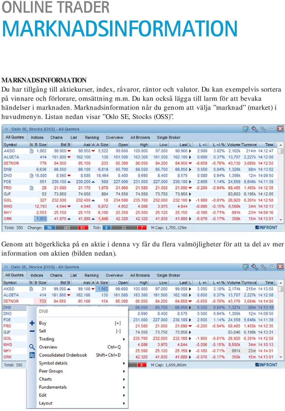 Marknadsinformation når du genom att välja marknad (market) i huvudmenyn. Listan nedan visar Oslo SE, Stocks (OSS).