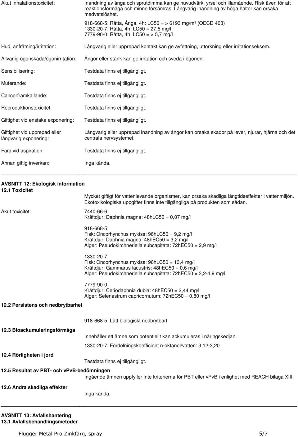 reaktionsförmåga och minne försämras Långvarig inandning av höga halter kan orsaka medvetslöshet 918-668-5: Råtta, Ånga, 4h: LC50 = > 6193 mg/m³ (OECD 403) 1330-20-7: Råtta, 4h: LC50 = 27,5 mg/l