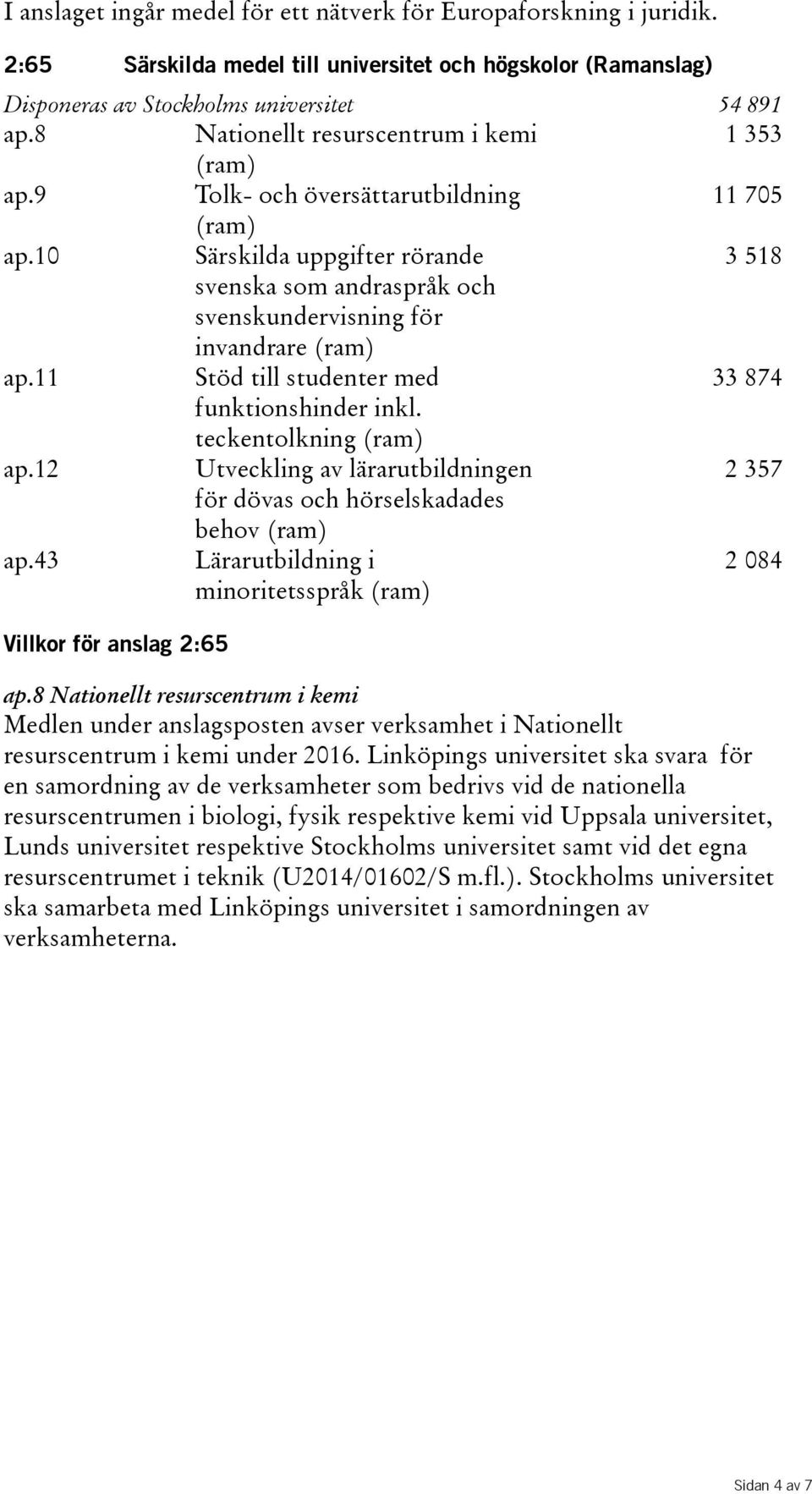 10 Särskilda uppgifter rörande 3518 svenska som andraspråk och svenskundervisning för invandrare(ram) ap.11 Stöd till studenter med 33874 funktionshinder inkl. teckentolkning(ram) ap.