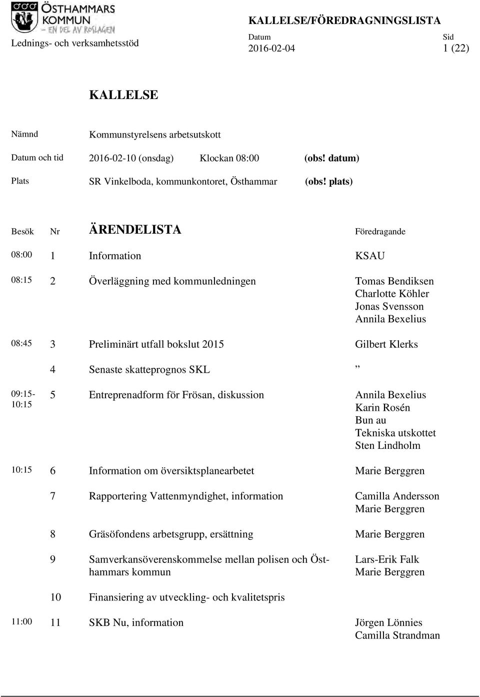 plats) Besök Nr ÄRENDELISTA Föredragande 08:00 1 Information KSAU 08:15 2 Överläggning med kommunledningen Tomas Bendiksen Charlotte Köhler Jonas Svensson Annila Bexelius 08:45 3 Preliminärt utfall