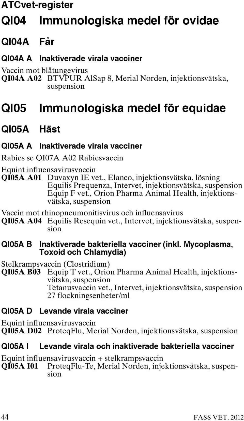 , Elanco, injektionsvätska, lösning Equilis Prequenza, Intervet, injektionsvätska, suspension Equip F vet.