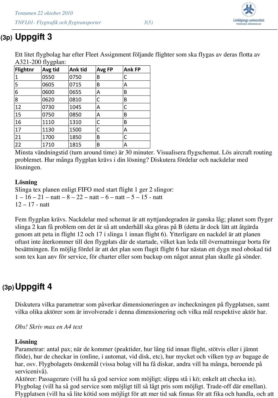 vändningstid (turn around time) är 30 minuter. Visualisera flygschemat. Lös aircraft routing problemet. Hur många flygplan krävs i din lösning? Diskutera fördelar och nackdelar med lösningen.