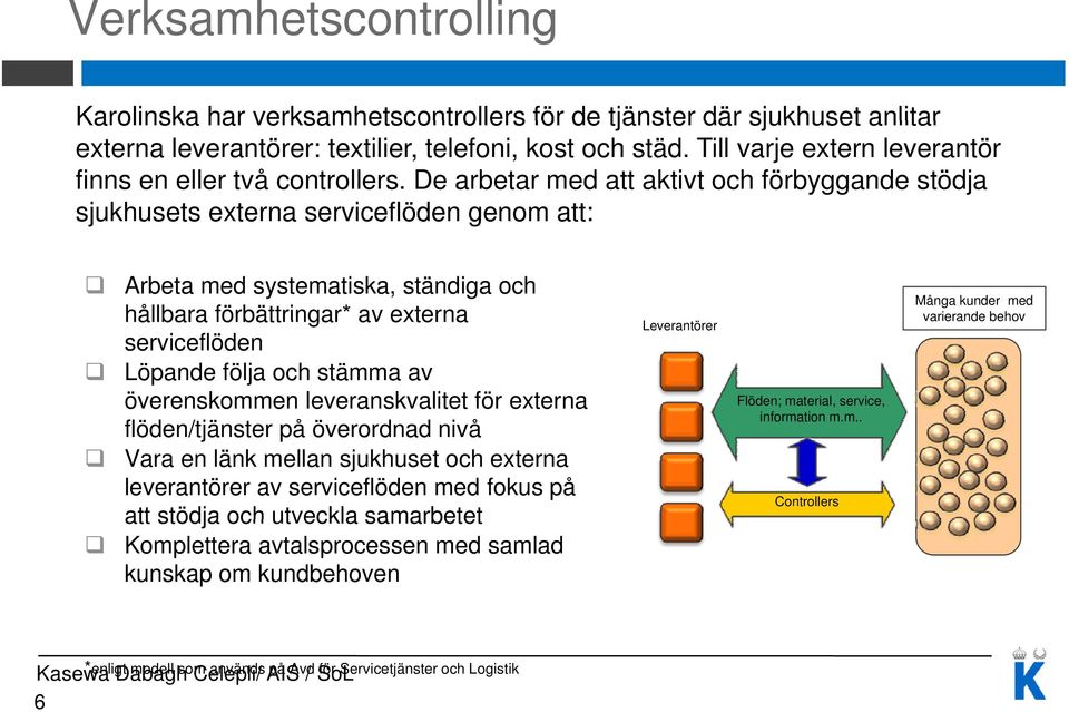 De arbetar med att aktivt och förbyggande stödja sjukhusets externa serviceflöden genom att: Arbeta med systematiska, ständiga och hållbara förbättringar* av externa serviceflöden Löpande följa och