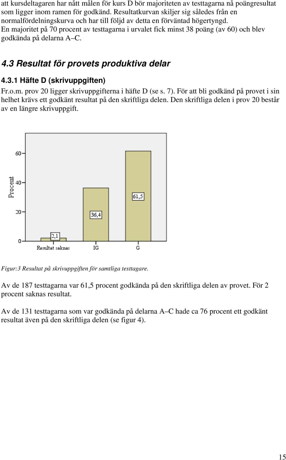 En majoritet på 70 procent av testtagarna i urvalet fick minst 38 poäng (av 60) och blev godkända på delarna A C. 4.3 Resultat för provets produktiva delar 4.3.1 Häfte D (skrivuppgiften) Fr.o.m. prov 20 ligger skrivuppgifterna i häfte D (se s.