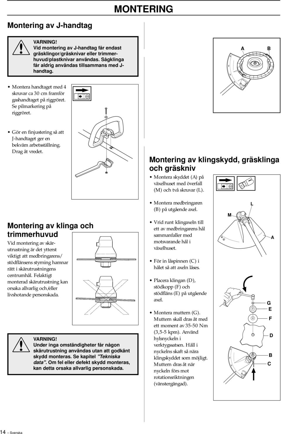 Montering av klingskydd, gräsklinga och gräskniv Montera skyddet (A) på växelhuset med överfall (M) och två skruvar (L).