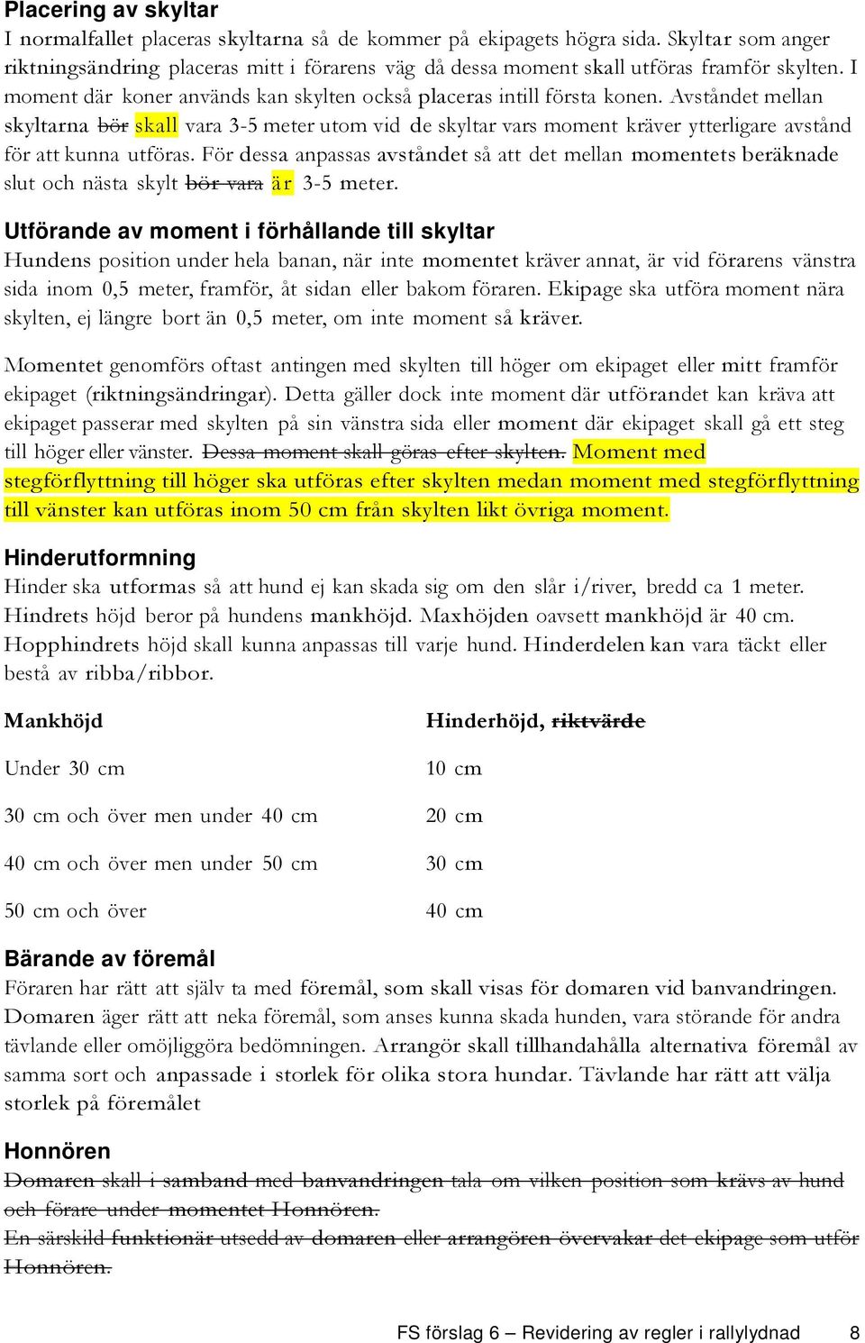 Avståndet mellan skyltarna bör skall vara 3-5 meter utom vid de skyltar vars moment kräver ytterligare avstånd för att kunna utföras.