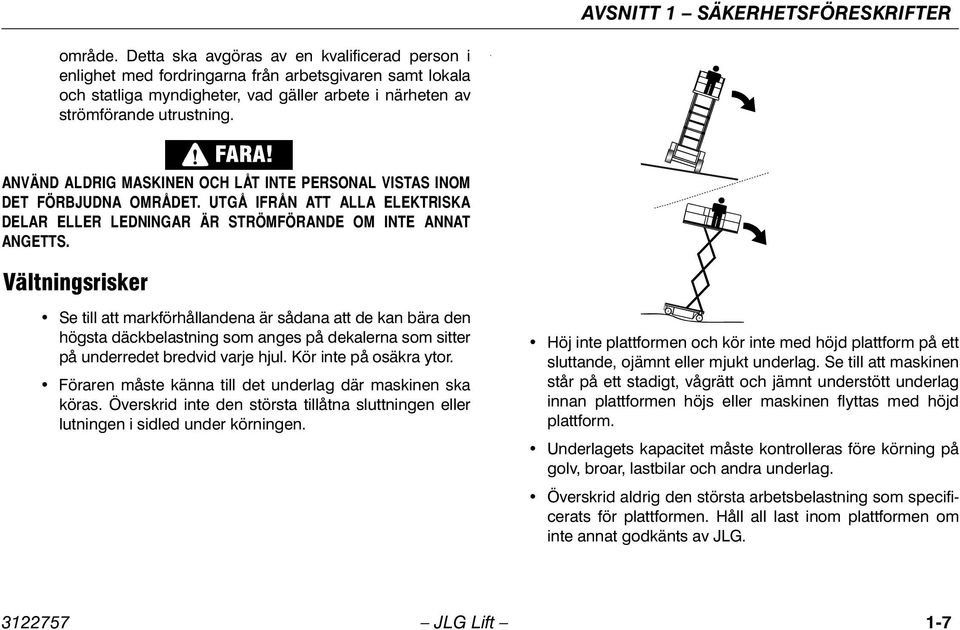 . ANVÄND ALDRIG MASKINEN OCH LÅT INTE PERSONAL VISTAS INOM DET FÖRBJUDNA OMRÅDET. UTGÅ IFRÅN ATT ALLA ELEKTRISKA DELAR ELLER LEDNINGAR ÄR STRÖMFÖRANDE OM INTE ANNAT ANGETTS.