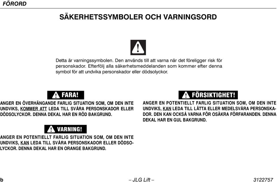 ANGER EN ÖVERHÄNGANDE FARLIG SITUATION SOM, OM DEN INTE UNDVIKS, KOMMER ATT LEDA TILL SVÅRA PERSONSKADOR ELLER DÖDSOLYCKOR. DENNA DEKAL HAR EN RÖD BAKGRUND.