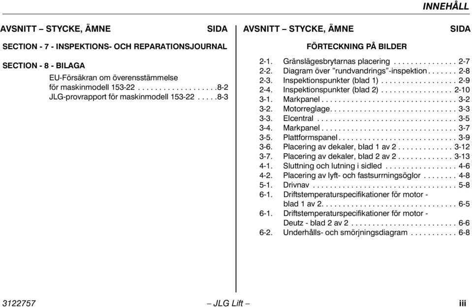 Inspektionspunkter (blad 1).................. 2-9 2-4. Inspektionspunkter (blad 2)................. 2-10 3-1. Markpanel................................ 3-2 3-2. Motorreglage.............................. 3-3 3-3.
