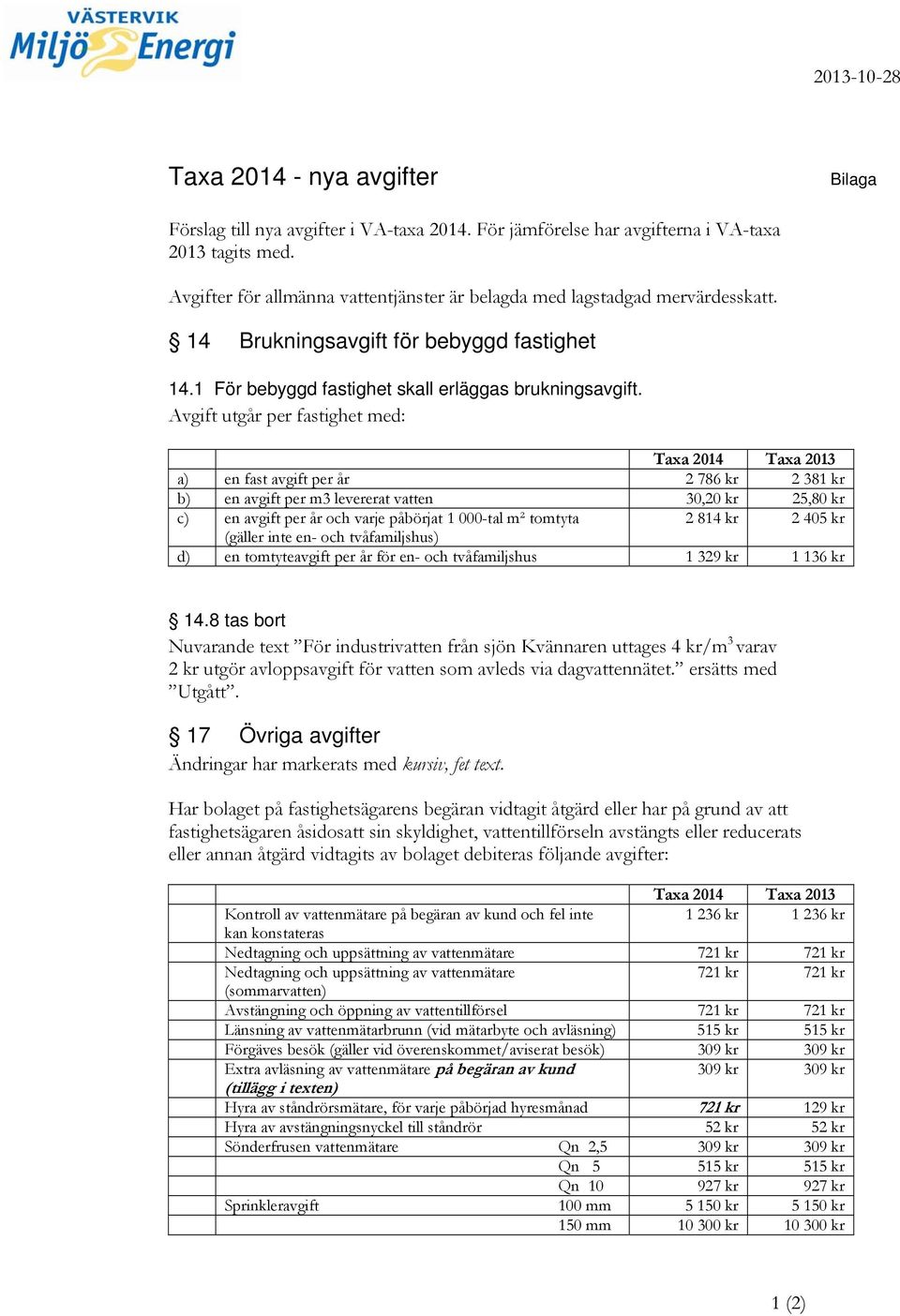 Avgift utgår per fastighet med: Taxa 2014 Taxa 2013 a) en fast avgift per år 2 786 kr 2 381 kr b) en avgift per m3 levererat vatten 30,20 kr 25,80 kr c) en avgift per år och varje påbörjat 1 000-tal