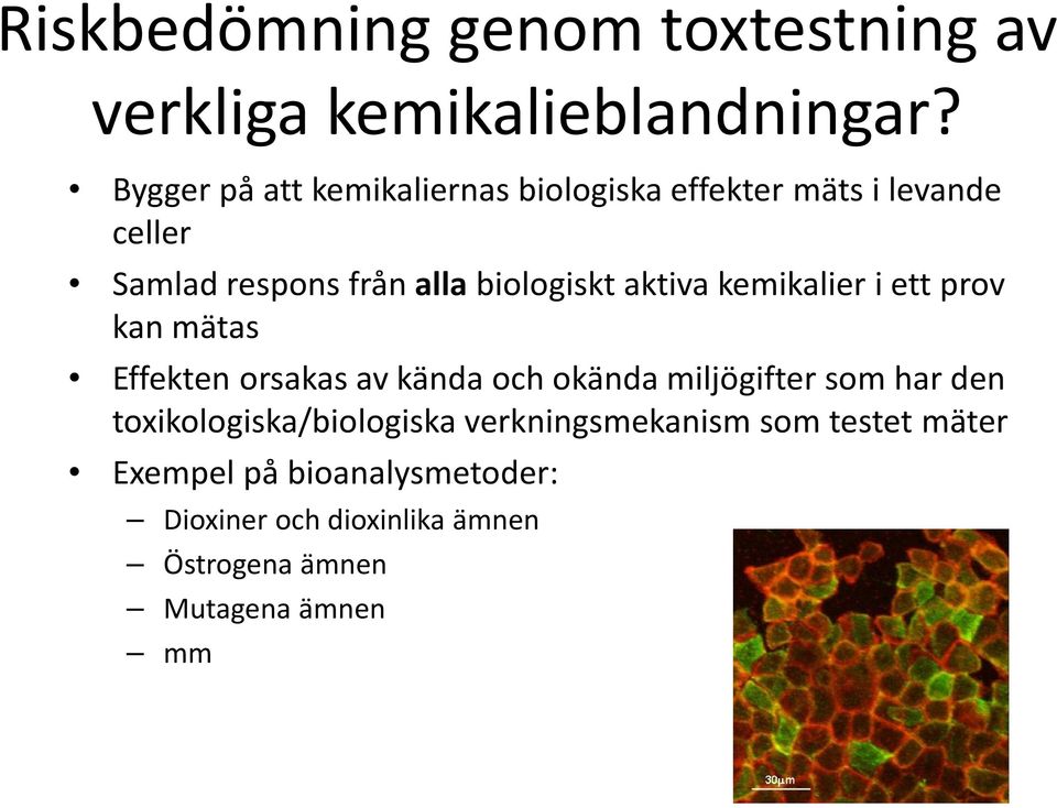 aktiva kemikalier i ett prov kan mätas Effekten orsakas av kända och okända miljögifter som har den