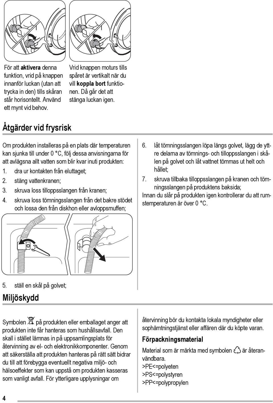 Åtgärder vid frysrisk Om produkten installeras på en plats där temperaturen kan sjunka till under 0 C, följ dessa anvisningarna för att avlägsna allt vatten som blir kvar inuti produkten: 1.