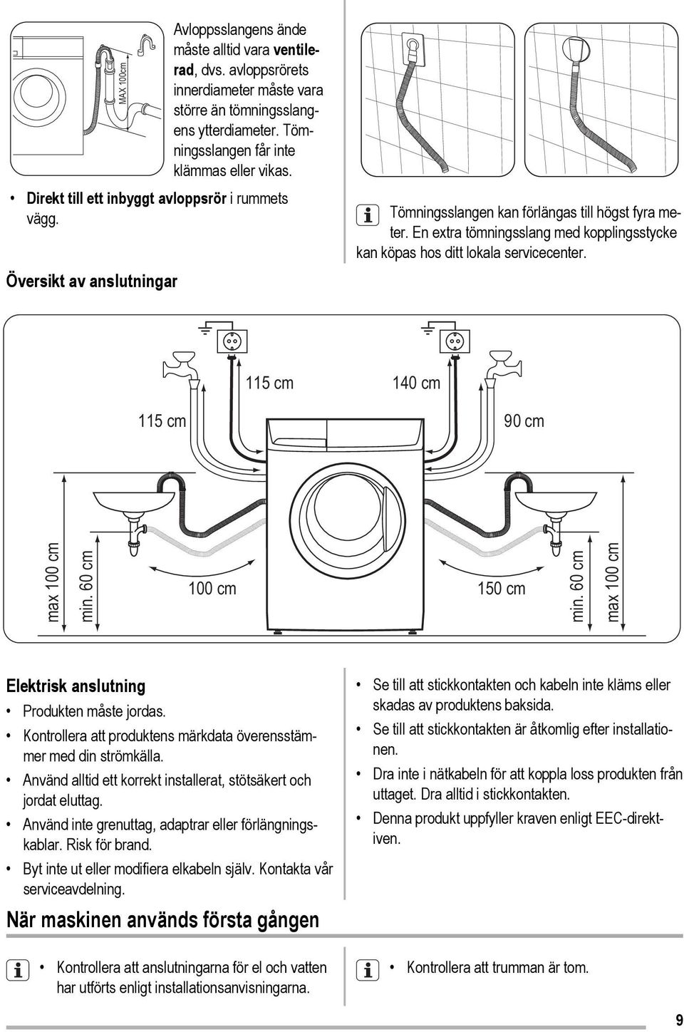 En extra tömningsslang med kopplingsstycke kan köpas hos ditt lokala servicecenter. 115 cm 140 cm 115 cm 9 0 cm max 100 cm min. 60 cm 100 cm 150 cm min.