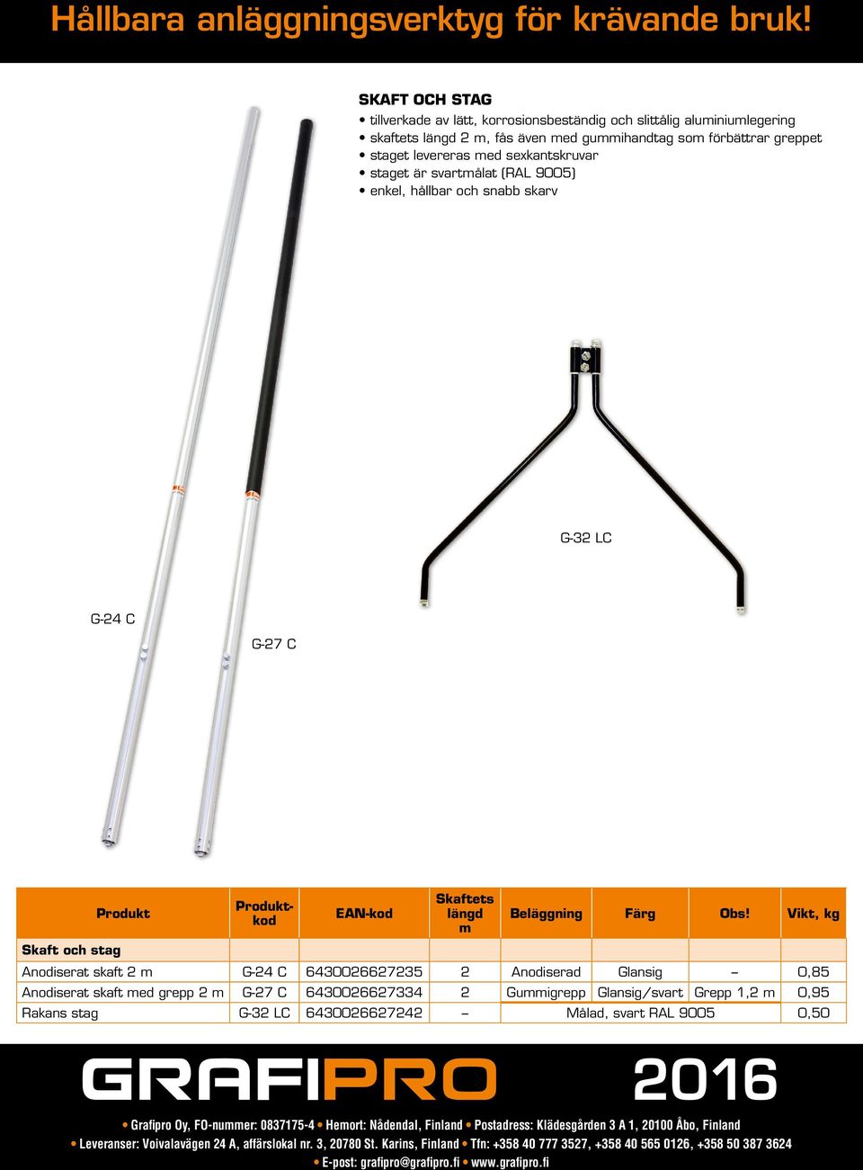 Vikt, kg Skaft och stag Anodiserat skaft 2 G-24 C 6430026627235 2 Anodiserad Glansig 0,85 Anodiserat skaft ed grepp 2 G-27 C 6430026627334 2 Guigrepp