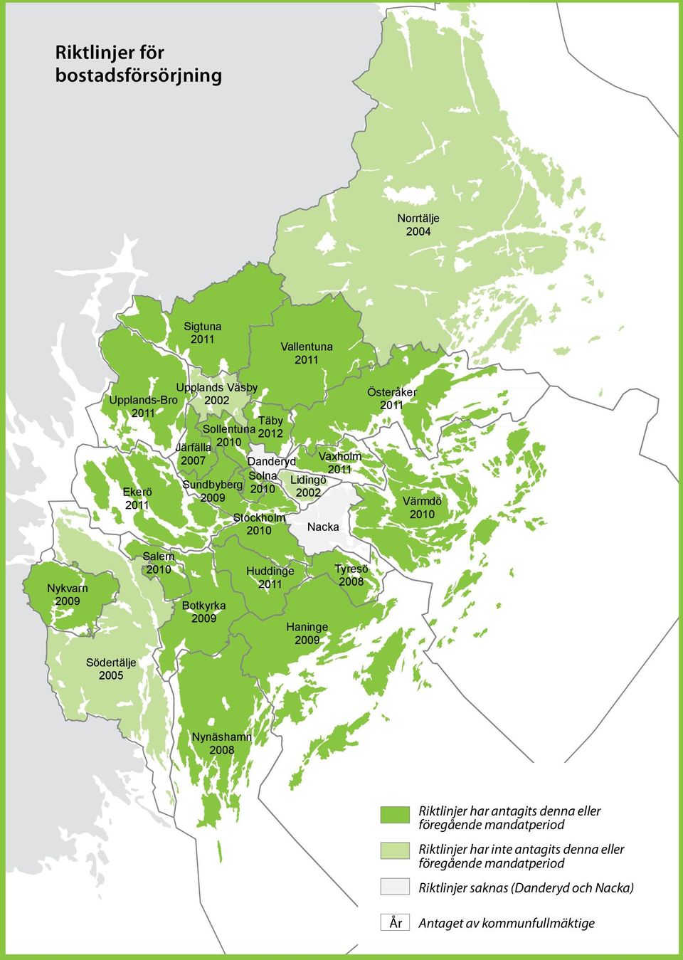 Nykvarn 2009 Salem 2010 Botkyrka 2009 Huddinge 2011 Haninge 2009 Tyresö 2008 Södertälje 2005 Nynäshamn 2008 Riktlinjer har antagits denna eller