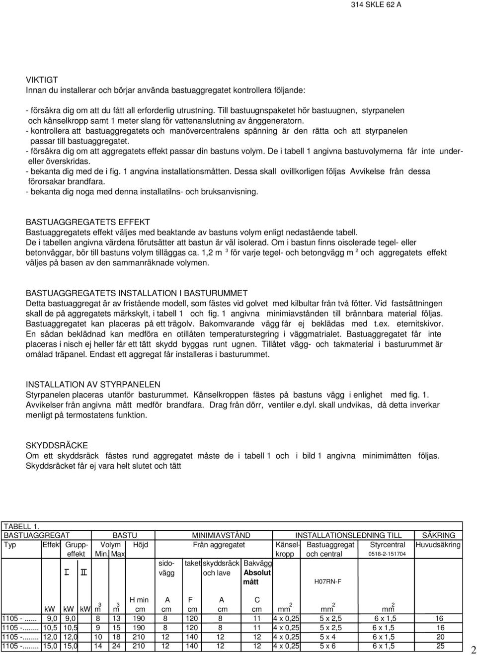 - kontrollera att bastuaggregatets och manövercentralens spänning är den rätta och att styrpanelen passar till bastuaggregatet. - försäkra dig om att aggregatets effekt passar din bastuns volym.