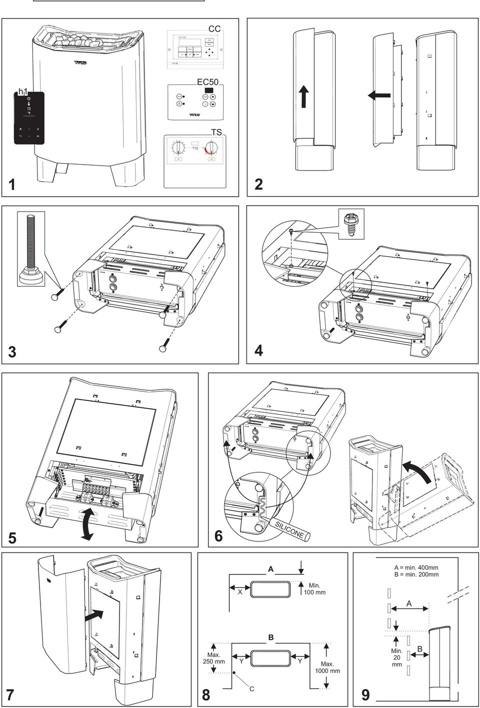 SILICONE = min. 400mm = min. 00mm X Min.