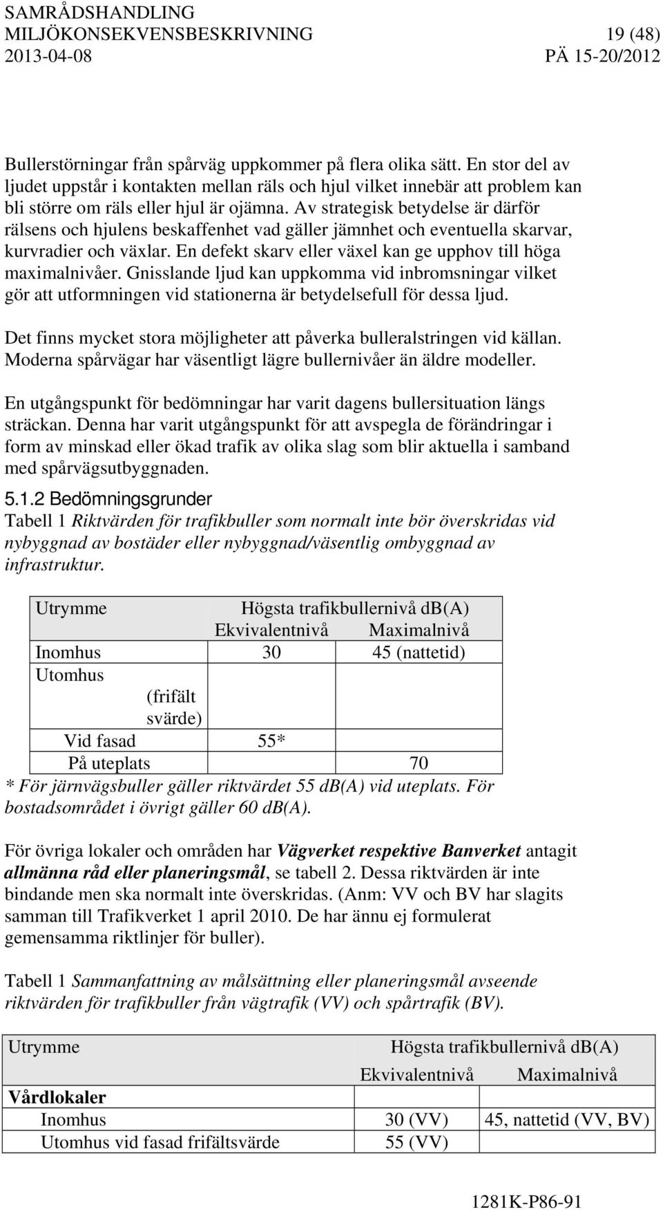 Av strategisk betydelse är därför rälsens och hjulens beskaffenhet vad gäller jämnhet och eventuella skarvar, kurvradier och växlar. En defekt skarv eller växel kan ge upphov till höga maximalnivåer.