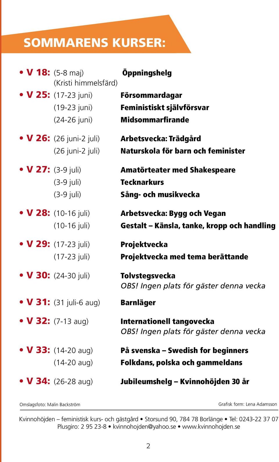 Arbetsvecka: Bygg och Vegan (10-16 juli) Gestalt Känsla, tanke, kropp och handling V 29: (17-23 juli) Projektvecka (17-23 juli) Projektvecka med tema berättande V 30: (24-30 juli) V 31: (31 juli-6