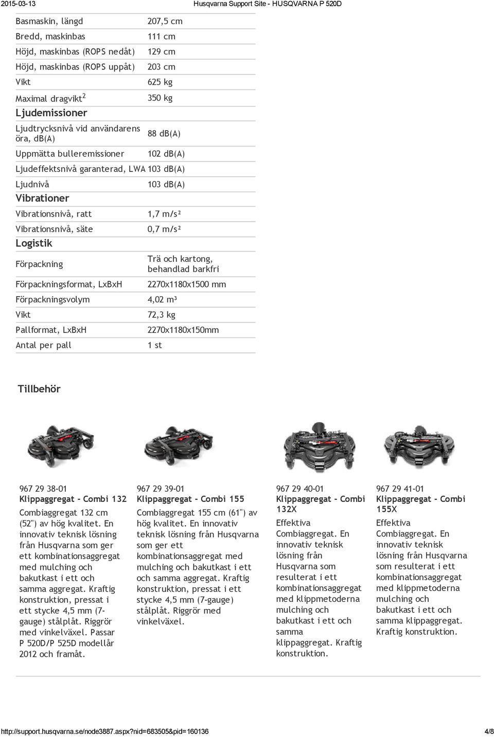 Förpackningsformat, LxBxH 103 db(a) 1,7 m/s² 0,7 m/s² Trä och kartong, behandlad barkfri 2270x1180x1500 mm Förpackningsvolym 4,02 m³ Vikt Pallformat, LxBxH Antal per pall 72,3 kg 2270x1180x150mm 1 st