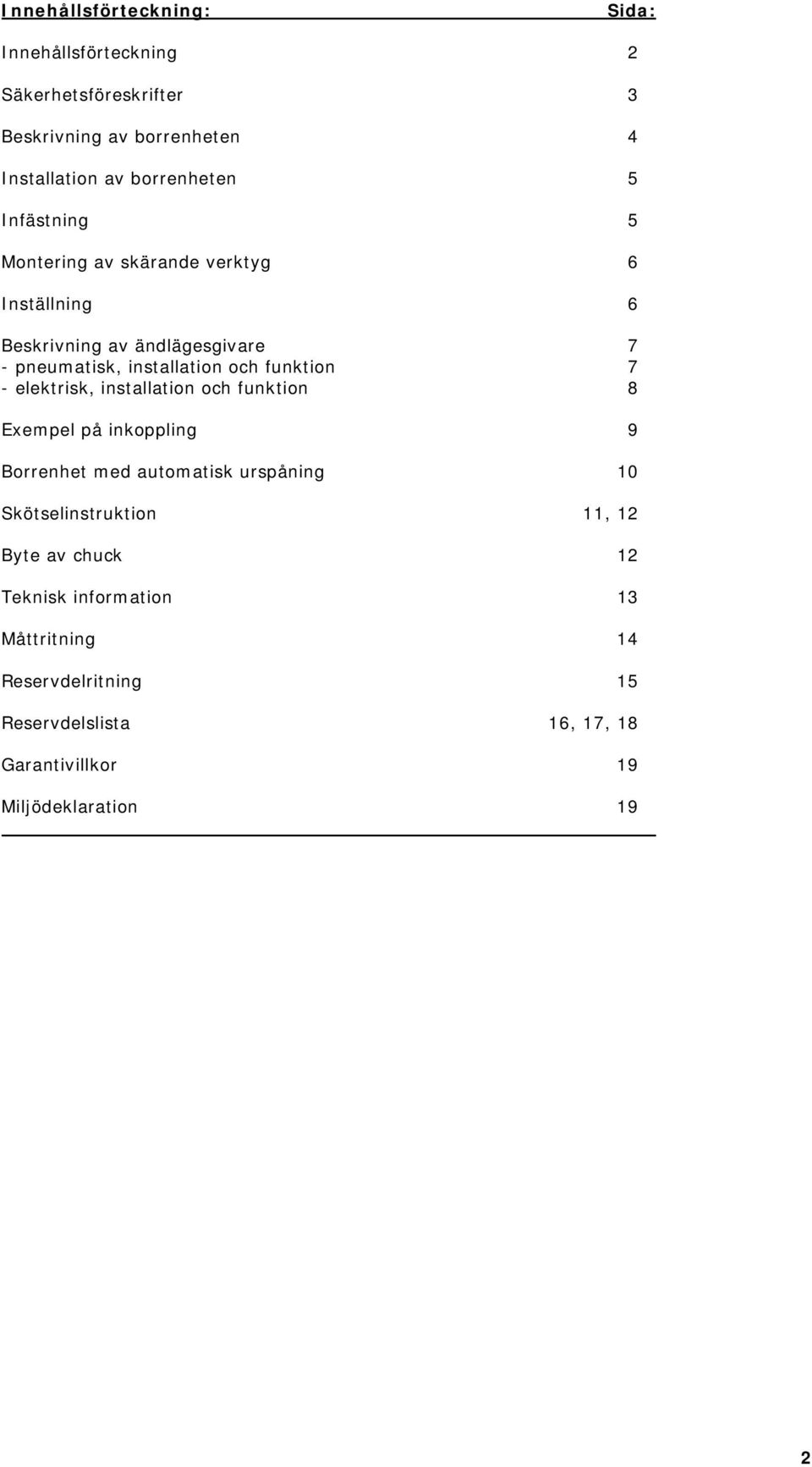 elektrisk, installation och funktion 8 Exempel på inkoppling 9 Borrenhet med automatisk urspåning 10 Skötselinstruktion 11, 12 Byte av