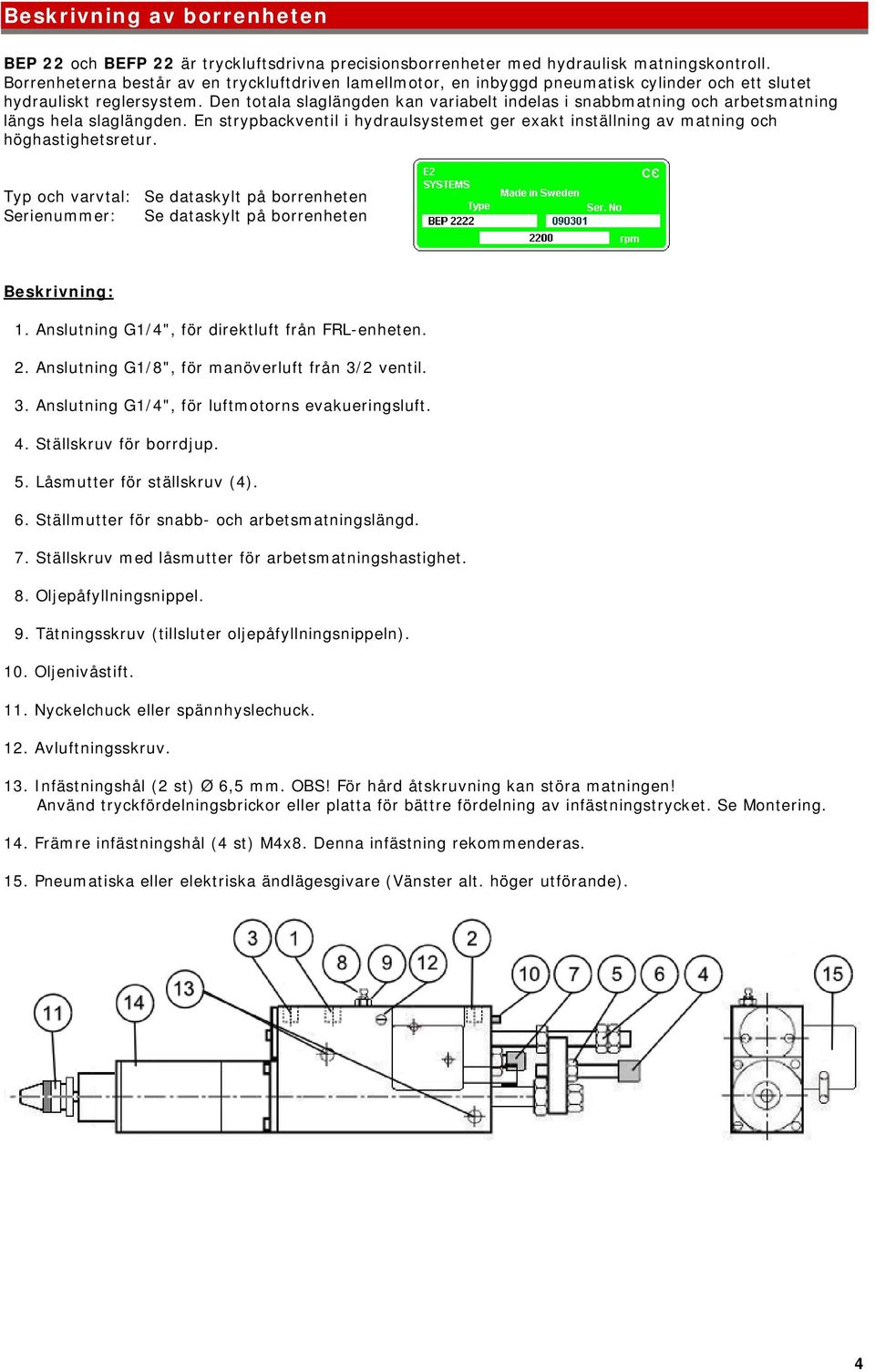 Den totala slaglängden kan variabelt indelas i snabbmatning och arbetsmatning längs hela slaglängden. En strypbackventil i hydraulsystemet ger exakt inställning av matning och höghastighetsretur.