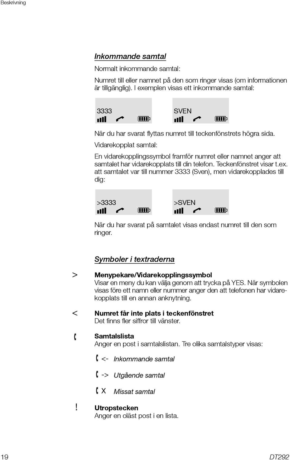 Vidarekopplat samtal: En vidarekopplingssymbol framför numret eller namnet anger att samtalet har vidarekopplats till din telefon. Teckenfönstret visar t.ex.