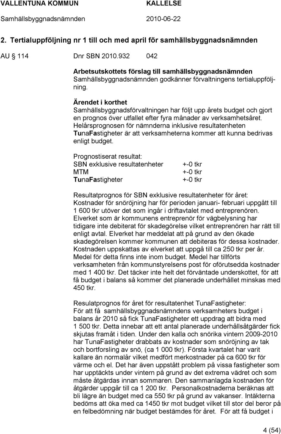 Helårsprognosen för nämnderna inklusive resultatenheten TunaFastigheter är att verksamheterna kommer att kunna bedrivas enligt budget.