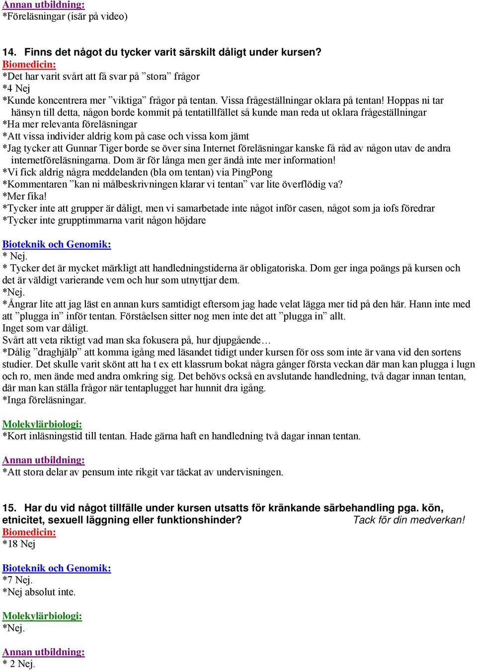 Hoppas ni tar hänsyn till detta, någon borde kommit på tentatillfället så kunde man reda ut oklara frågeställningar *Ha mer relevanta föreläsningar *Att vissa individer aldrig kom på case och vissa