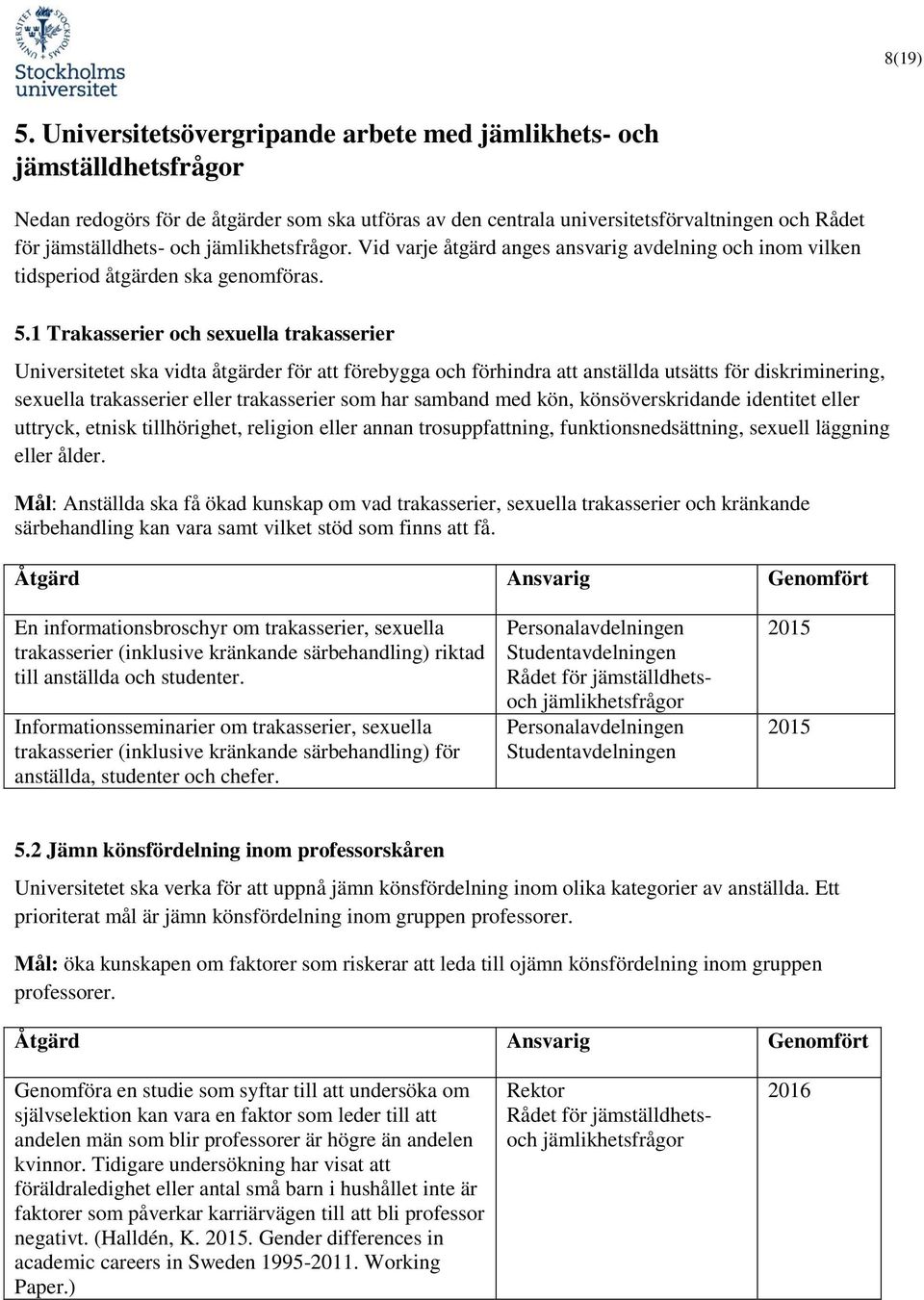 jämlikhetsfrågor. Vid varje åtgärd anges ansvarig avdelning och inom vilken tidsperiod åtgärden ska genomföras. 5.