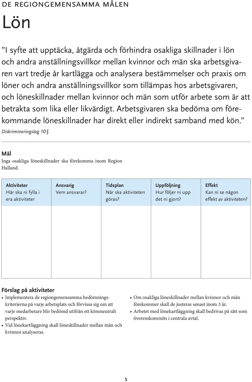 Arbetsgivaren ska bedöma om förekommande löneskillnader har direkt eller indirekt samband med kön. Diskrimineringslag 10 Inga osakliga löneskillnader ska förekomma inom Region Halland.