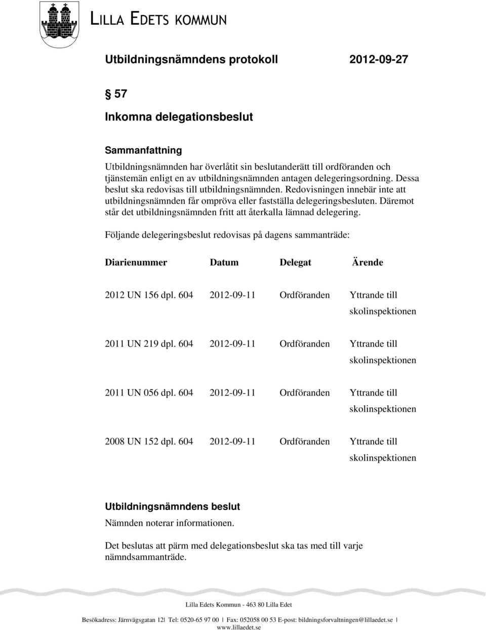 Däremot står det utbildningsnämnden fritt att återkalla lämnad delegering. Följande delegeringsbeslut redovisas på dagens sammanträde: Diarienummer Datum Delegat Ärende 2012 UN 156 dpl.